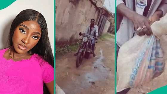 Lady who received sudden call from bike man to come outside her gate shares what he gave to her