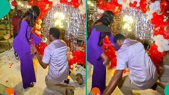 Nigerian man with broken leg insists on kneeling down to propose to lady in video, people react