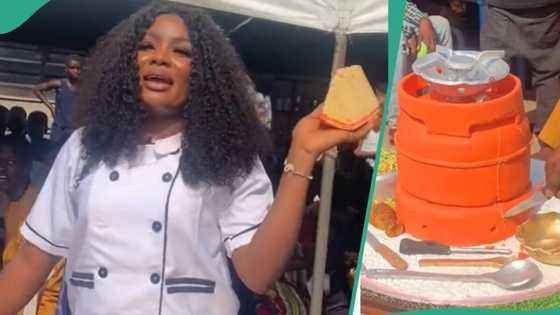 Young lady creates cake having gas cylinder replica, takes a slice in video