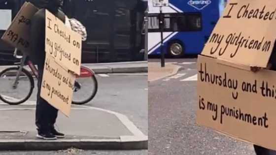 Man wears placard with his sin written on it in public after cheating on girlfriend