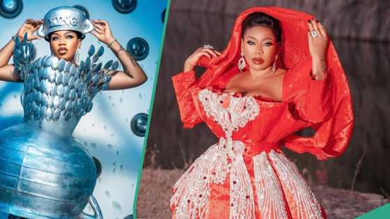 "It looks creepy": Toyin Lawani designs creative dress with 2000 mini baby dolls, netizens react