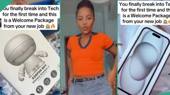 Lady shows off the welcome package she got from her new tech job, generates buzz online