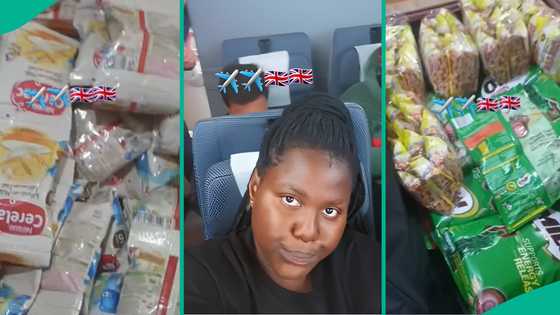 Lady relocates to UK for study, loads bags with packs of cereals and beverages
