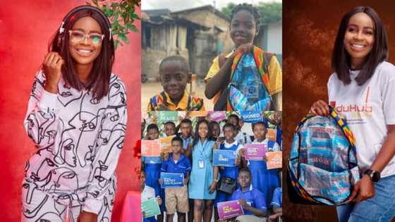 Kind young lady stuns poor kids, gifts them school bags made from discarded pure water sachets