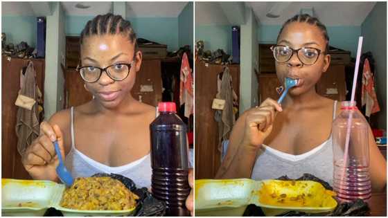 Nigerian lady causes massive stir after finishing plate of beans with 1 big bottle of zobo