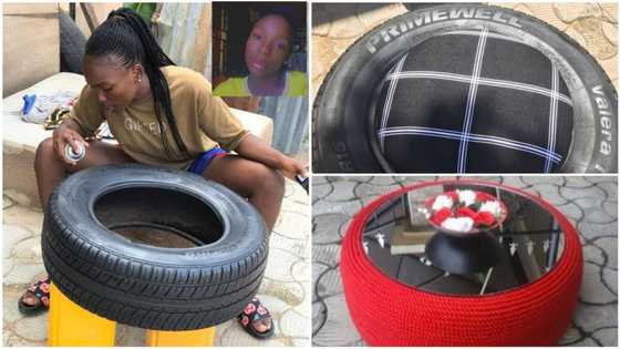 Young Nigerian lady Favour Oluma converts car tyres to beautiful centre tables (photos)