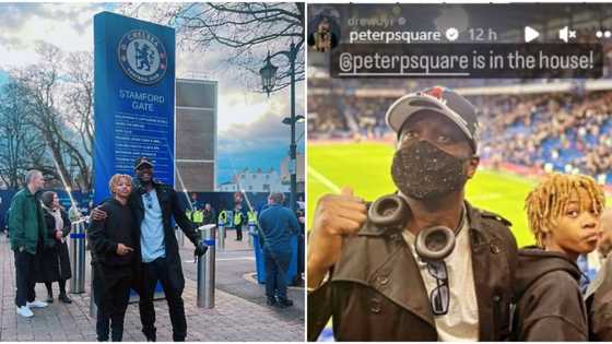 "So you no vote": Video of Peter Okoye at Chelsea's Stamford Bridge with son sparks reactions