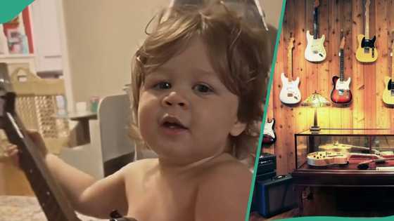 Young kid with small guitar performs and sings effortlessly, clip trends