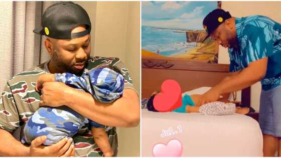 Daddy duties: Tonto Dikeh's ex Olakunle Churchill changes diaper of his baby with Rosy Meurer in cute video
