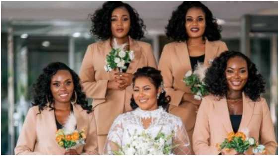 Wedding fashion: Bridesmaids ditch conventional bridal dress for beige pantsuits in trending photos