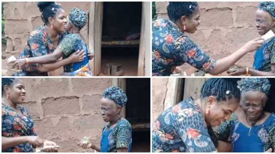 Sweet moment young lady visits woman who is over 100 years old, 'drags' her out and sprays cash in video