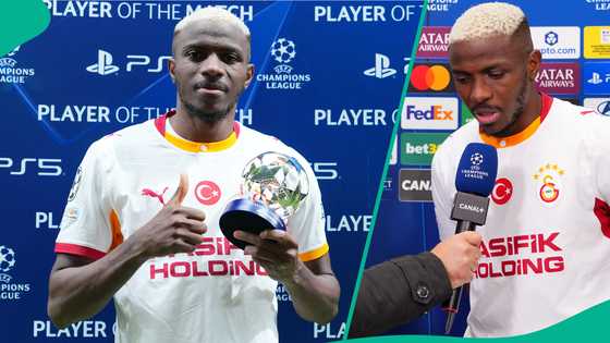 Victor Osimhen reacts after scoring his first Champions League goal this season vs Lille