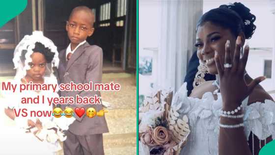 Lady weds primary school mate, shares their throwback picture as little bride and groom