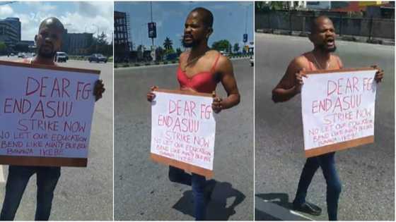 ASUU strike: Uche Maduagwu rocks bra, expresses grievances as he stages lone protest in Lekki, Nigerians react