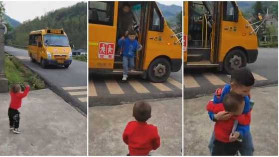 Kid stands on roadside, waits for elder brother, becomes joyous on seeing him come down from bus in video