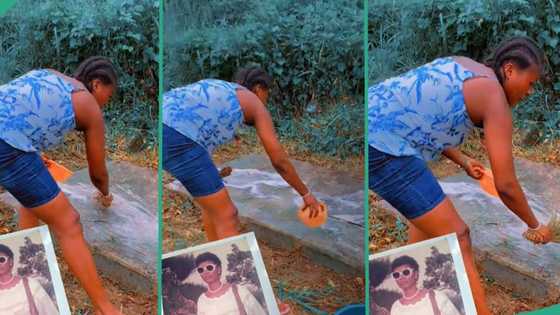"She is my gold": Nigerian lady visits her late mothers grave, uses water and detergent to wash it