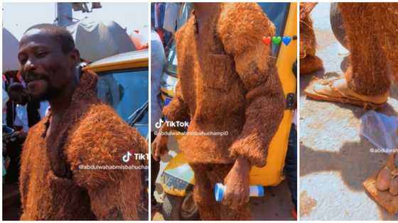 Ghanaian man makes outfit and sandals from wood, video goes viral