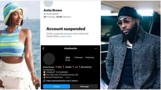 Davido's Anita Brown gets suspended on Twitter and Instagram, many react: "Finally she go rest"