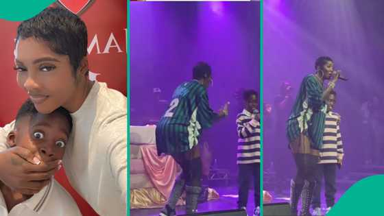 Sweet video as Tiwa Savage brings up son on stage, he thrills audience with hot rap: "So beautiful"
