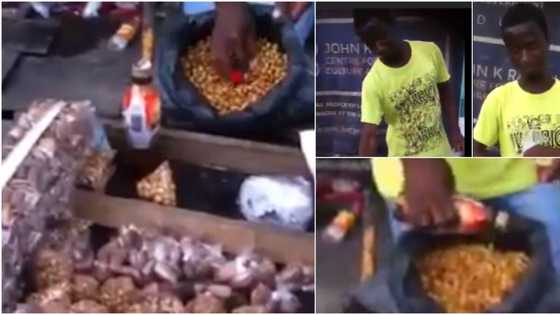 Nigerian man seen in video mixing detergent with tiger nuts, woman interrogates him as he looks unbothered