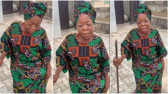Jovial old woman in native wrapper dances with her walking stick, shakes body like teenager in viral video