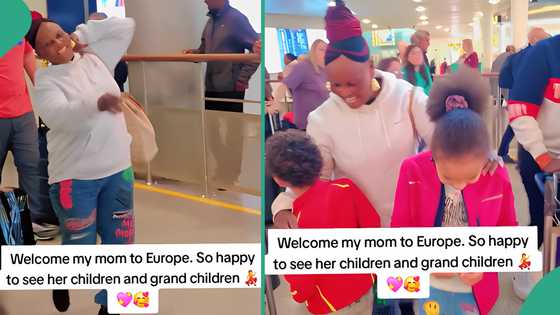 Cute airport video as Nigerian mum lands in Europe to see her children and grandkids, melts hearts