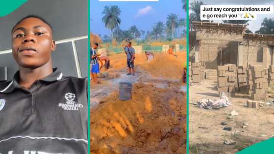 Nigerian man builds house, uses parapet design, labourers mix cement and sand