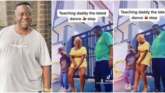 Is the dwarf her hubby? Reactions as Mr Ibu's daughter teaches actor and mysterious man 'trenches' dance step