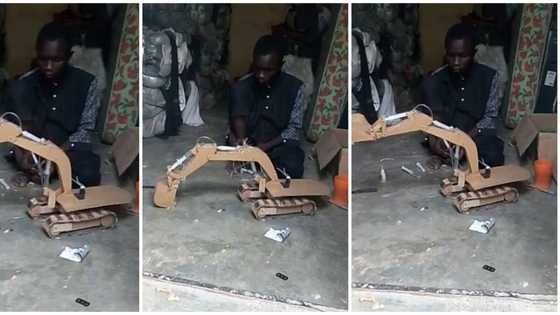 Amazing 15-year-old Nigerian boy who built an excavator that works using cartons, plank