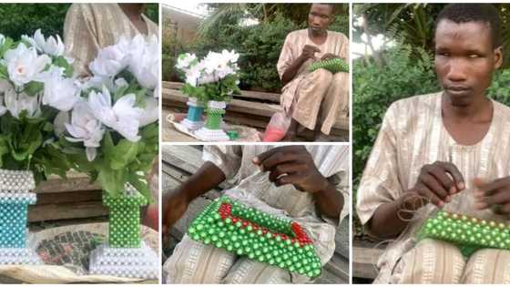 Blind man shows determination and skill, makes beautiful flower vases using beads in heartwarming photos