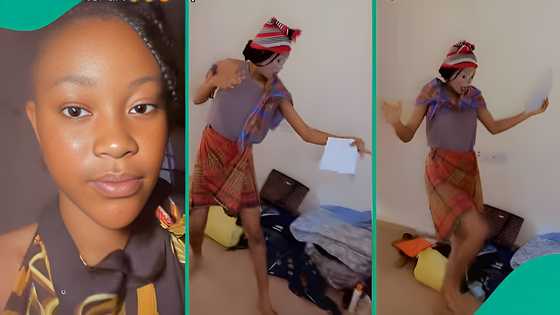 Lady laughs as roommate studying theatre arts jumps around, makes funny statements while revising