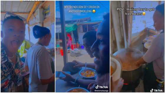 Young man & friends hype beans seller before buying food, sing while eating in video