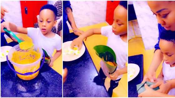 Celebrity stylist Toyin Lawani teaches son how to make moin-moin in new video