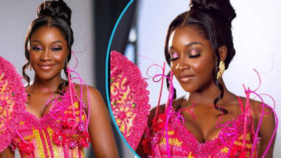 "Pure elegance": Model rocks kente gown designed with beads, rhinestones, and petals for her wedding