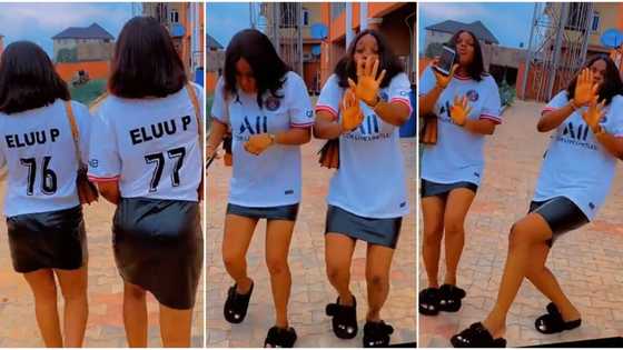Two young ladies in Ellu P shirts dance and shake waist in public glare, video trends on TikTok