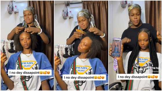 Nigerian hairdresser transforms lady's looks with perfect braid style, weaves her rough hair in viral video