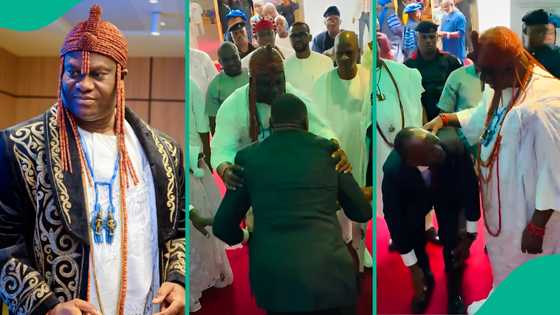 Viral video captures Ooni of Ife's reaction after meeting his longtime friend in public