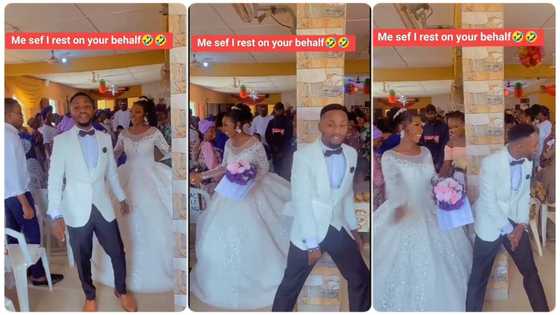 Nigerian man makes funny sigh of relief on wedding day as he walks with bride, people laugh