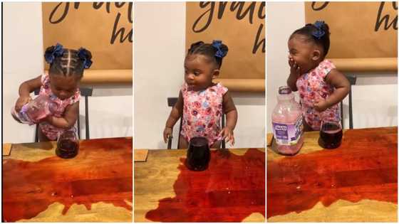Is this necessary? Reactions as kid pours juice away while learning to fill a cup, mum watches her in video