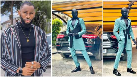 I'm not a fashion disaster: BBNaija Emmanuel shows up in masked outfit for Lagos fashion week, fans react