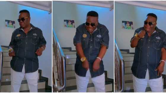 Top to Bottom: Mr Ibu dances to Buhari's viral soundtrack, actor looks well, rocks jeans and cool shades