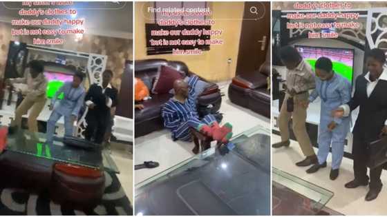 "See finish": Patient dad keeps quiet as 3 daughters wear his clothes, dance in front of TV in video