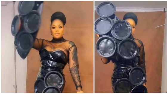 Toyin Lawani's plate dress design leaves internet users with mixed feelings: "She dey share food"