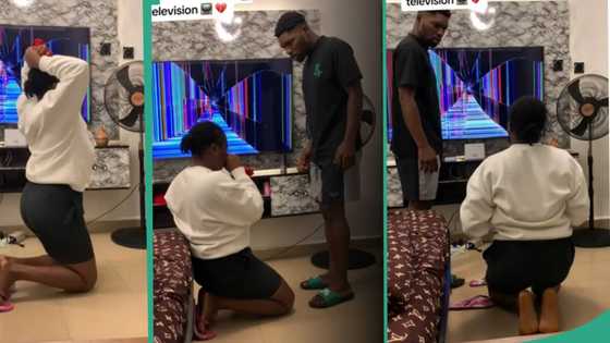 Nigerian lady posts video of boyfriend's unexpected reaction after pranking him that she broke TV