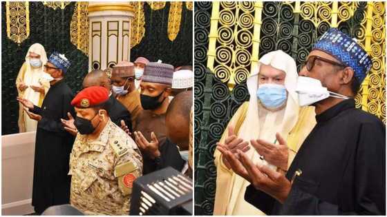 Just in: Photos emerge as Buhari prays for Nigeria at Prophet Muhammed's mosque in Saudi Arabia