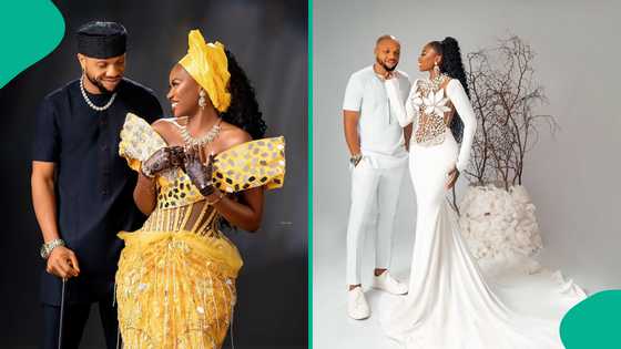 Newly married Charles Okocha kisses wife several times publicly: "She go laugh tire for labour room"