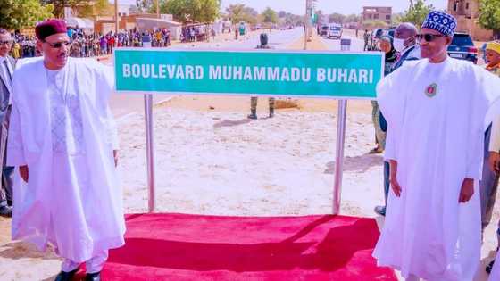 Photos emerge as Buhari lands in top African country for high-level meeting, gets new road named after him