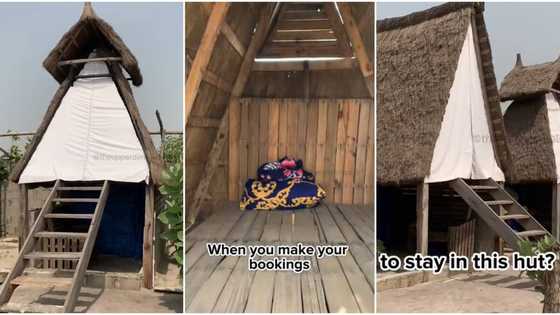 "N25k for 12 hours": Nigerian lady shares video of expensive hotel rooms with thatched roofs and wooden floor