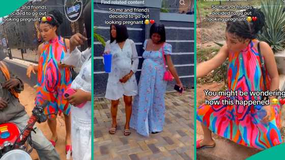 Lady and pretty friends dress like pregnant women, go out on date as people stare