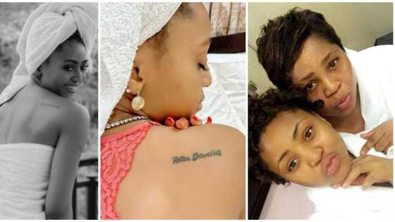 Nollywood star Regina Daniels tattoos mum's name on her back (Photos)